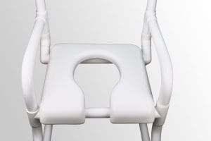 Accessible white shower chair with armrests, open-front seat for home care and mobility support.