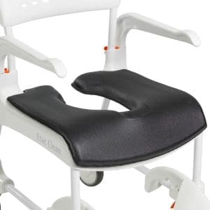 Etac Clean shower commode chair with wheels, U-shaped black seat, for home care hygiene.