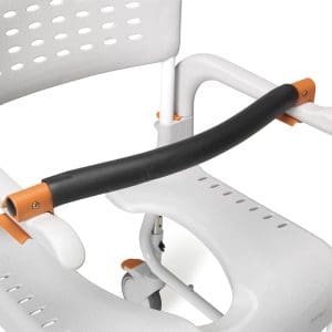 Shower commode chair with safety bar, perforated seat, and caster wheels for home care.