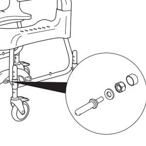Wheelchair front wheel assembly diagram showing axle, washer, nut, cap for mobility support.
