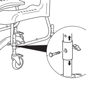 Wheelchair assembly guide: side view, bolt installation. Mobility support for home care use.