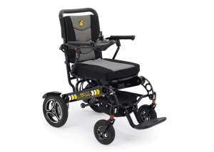 Golden Stride lightweight foldable electric wheelchair, large wheels, mobility support for home care.