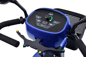 S410 Lightweight Mobility Scooter control panel with speed dial and foam-grip handles for mobility support.