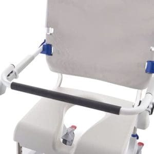 Invacare Safety Bar on shower commode chair; mobility aid for home care, adjustable support.