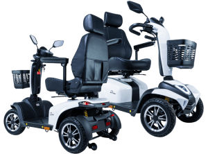 MOVO Sutton 4-Wheel Mobility Scooters with baskets, ideal for mobility support and outdoor use.