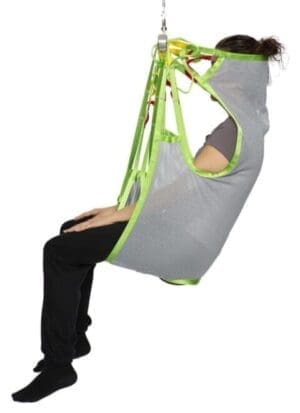HumanCare Silhouette Sling in gray mesh with green trim for home care mobility transfers.