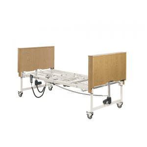 Drive Solite Pro adjustable hospital bed for home care with wooden ends and electric controls.