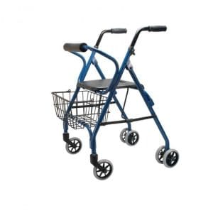 Parsons 4200 LX Rollator: blue folding walker with seat and four wheels for mobility support.