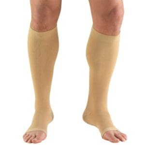 Truform 30-40 mmHg knee high compression stockings, open toe, for mobility support and home care.