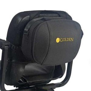 Golden black mobility scooter or wheelchair bag with zipper, for personal item storage and mobility support.