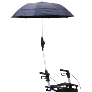 REHASENSE black umbrella with holder on walker handle, mobility aid accessory for outdoor sun protection.
