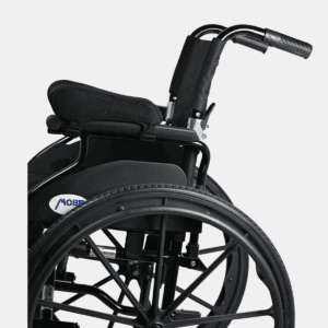 Black wheelchair with MOBB Gel Armrest, ergonomic design for mobility support and home care.
