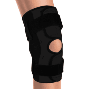 Hinged neoprene knee stabilizer wrap for medical mobility support.