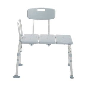 Transfer bench with backrest and suction feet for safe home care mobility in bathtubs.